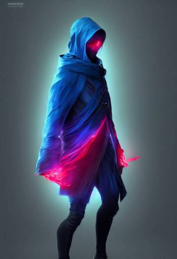 blue skin human with red eyes in a black cloak, full body pose, concept art, full body render, unreal engine 5