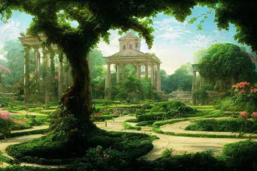 botanical garden with magnificent roman architecture, historical fantasy art by thomas cole and fedinand knab and hubert robert and studio ghibli