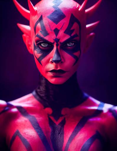 Cara Delevingne as Darth Maul from Star Wars, full body shot, beautiful red eyes, fierce look, red and black triangular face tatoo, dark cloak, studio light, hyperrealistic, very detailed, 8k, dramatic lighning, Anthropomorphic, sharp focus, maximum texture, unreal engine, octane render, hdr, ray tracing