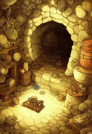 caribbean pirate treasure cave room interior, mines filled to the brim with treasure and gold coins piles and treasure chests, beatrix potter illustration in the style of breath of the wild