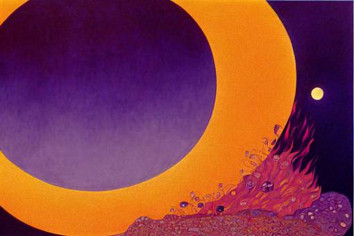 centered moon melting, acrylic painting, Amethyst and Fire Brick colors, merge Gustav Klimt Ren Magritte