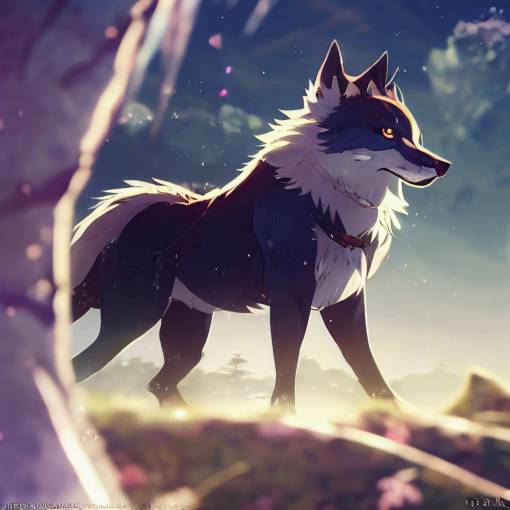 Character concept art of a majestic male anime wolf, wide shot, thick coat paint, in the style of Granblue Fantasy, in the style of Atelier Lulua, by kyoto animation, by makoto shinkai, bokeh by glowing sparkles, Lens Ghost, 8K, pixiv fanbox, twinkling eyes, glowing eyes, look here, highly detailed