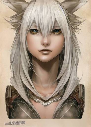 character concept, Y'shtola as a beautiful Miqo'te from Final Fantasy 14 in the style of Berserk and Artgerm, olive coloured skin tone, long silver hair with some white in it, a goddess, round face, older looking queen, aging, detailed render, cat ears, coloured pencils on paper