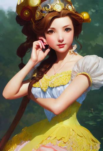 character design, Aerith Gainsborough as princess Peach, cute female, painted by artgerm, Alphonse mucha, Akihiko yoshida, sakimichan, krenz cushart, low angle shot, digital painting, yellow colour mood,