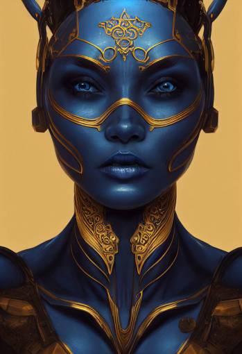 character design, beautiful alien female sorceress wearing dark-blue and black biotech armor with golden accents, vibrant face warpaint, intricate details, cinematic lighting, photo realistic, close-up portrait