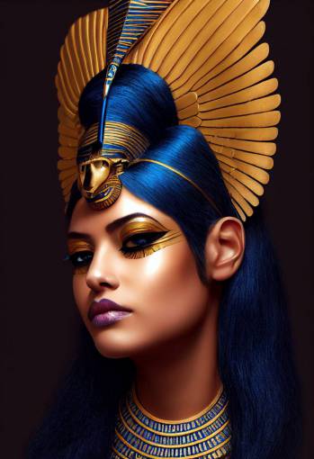 character design, portrait of a beautiful golden Egyptian female made of solid gold, black eyeliner, blue accents, blue eyeshadow makeup, intricate Egyptian gold markings, cinematic lighting, treasure