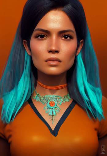 character design, portrait of beautiful Latina woman wearing turquoise orange eyeshadow makeup, Unreal Engine, Octane Render