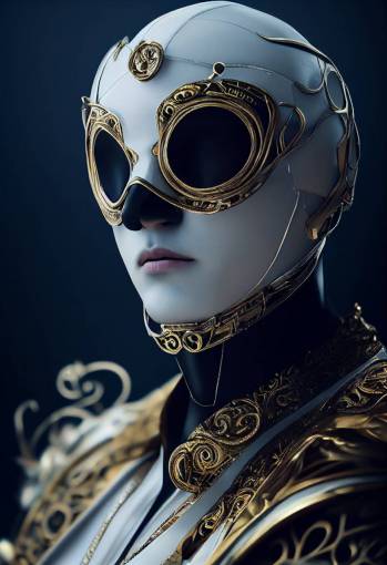 character design, portrait of handsome Phantom of the Opera with white mask, wearing intricately detailed cyberpunk metallic robotic armor, cinematic lighting, Unreal Engine, Octane Render, bokeh