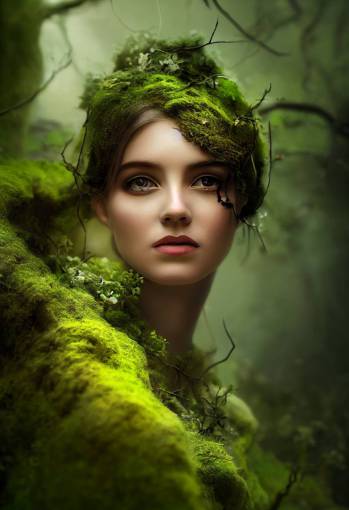 character design, portrait of marble stone face of a beautiful sorceress, moss covered patches, ivy plants, cinematic lighting