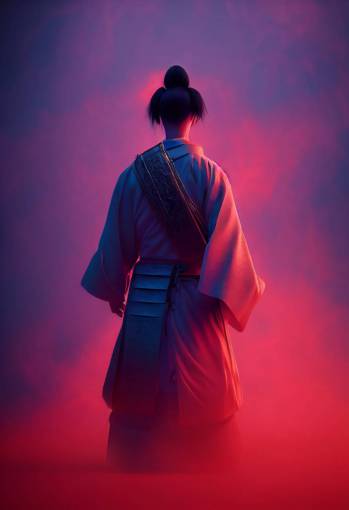 character design, white porcelain samurai in museum, red swirly mist behind, directional light, octane render, elegant, 4k,