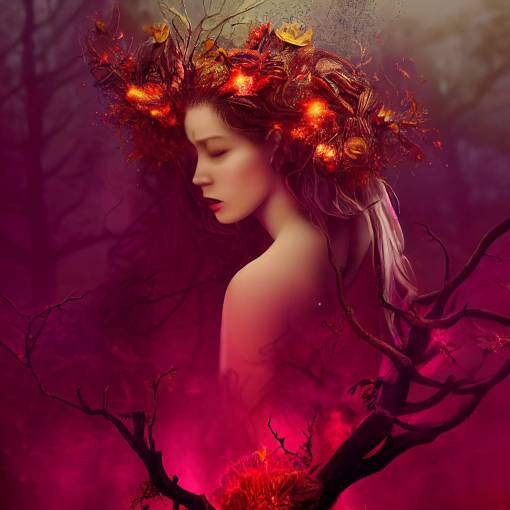charater design, a beautiful forrest queen appearing from up smoke, epic scene, body out of smoke, volumertic lightning, cinematic light, glossy, surrounded by trees , higly detailed, lang flowing grey hair , birdnest build of flowers on her head , birds , gold glitter in her face,