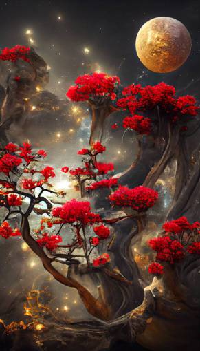 Chinese ancient hyperrealistic CG rendering,The golden crystal moon Palace, the Goddess of the moon, the Jade Rabbit, the glittering and translucent Milky Way, the tall kapok trees full of fiery red flowers?HD, 4K,HD