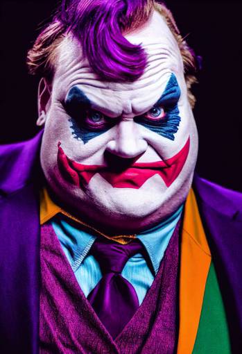 chris farley as the joker, gritty and dark, purple suit, vibrant and colorful