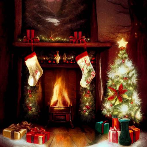 Christmas tree by a fireplace with stockings in a winter cabin, cozy, warm, enchanting