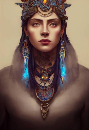 close up of androgynous prince, blue glowing eyes, aztec earrings, headdress, tattooed, fantasy, intricate, elegant, highly detailed, digital painting, artstation, concept art, smooth, 8 k, sharp focus, illustration, art by peter mohrbacher and mike mignola and alphonse mucha