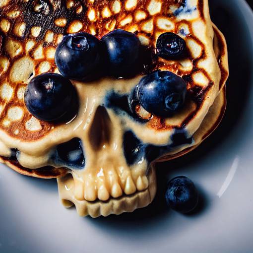 Close up photo of a blueberry pancakes in the shape of a skull. canon r5, water droplets on the lens, dramatic lighting, dramatic composition, cinematic lighting, 8k, photo realistic,