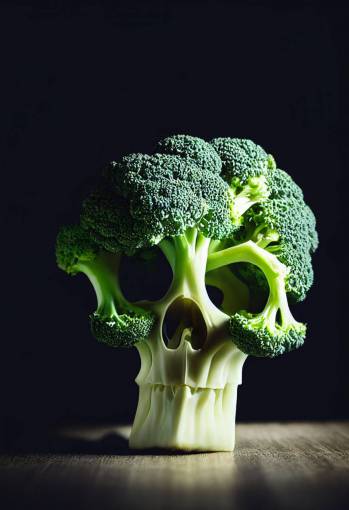Close up photo of a head of broccoli in the shape of a skull. Alpha ?7, epic, dramatic, cinematic lighting, high contrast, 8k, photo realistic, character design