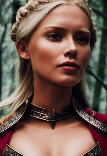 Close up photo of the Beautiful Blonde tanned female Scarlet leithold with heroic fantasy armor waiting in the Forest in the Gondor , Lord of the ring, incredible beautiful nlee007, Natalee007 , Pretty nose, symmetrical face + 25mm + extremely detailed + ultra-realistic, soft shadows + photorealistic skin, ornate clothing, + 4k + uhd + 3d + octane render + cinematic,