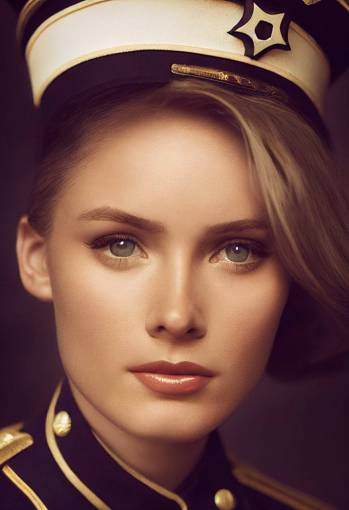 Close up photo of the Beautiful Brune Blonde female Scarlet leithold in officer uniform of ww1 standing in destroyer ship, visage fin, incredible beautiful nlee007, Natalee007 , Pretty nose, symmetrical face + 25mm + extremely detailed + ultra-realistic, soft shadows + photorealistic skin, ornate clothing, + 4k + uhd + 3d + octane render + cinematic,