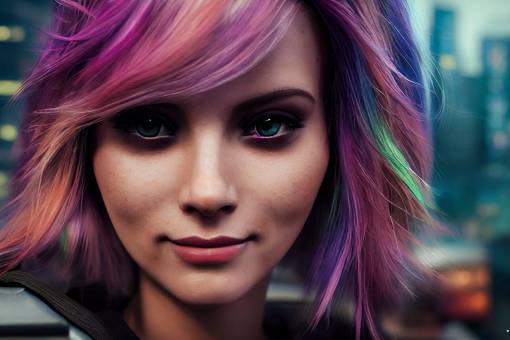 close up photo portrait of a beautiful female cyberpunk with mid length multicoloured hair ,stunning eyes ,smiling, cyberpunk street in background ,photorealistic, v-ray lighting, hyper realistic, extremely detailed and intricate, center compostition, elegant, ultra detailed, vfx, unreal engine 5, octane render, extremely contrast, extremely sharp lines, 8k