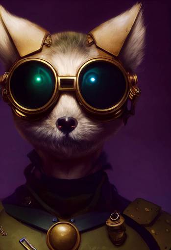 close up Portrait, Echo the Alien Treasure Hunter, olive-green fur with a short black mohawk, narrow features, large eyes, biotech goggles with lights, dark-blue and dark-purple armor of tarnished metal and leather with golden accents, golden necklace, photo realistic, cinematic lighting