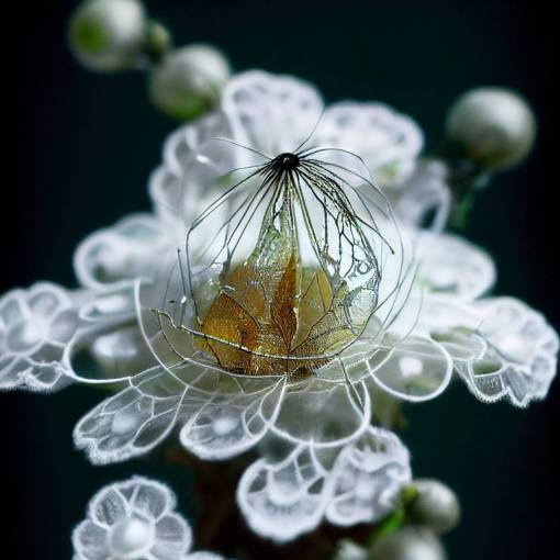 closeup of inside of a Queen Annes lace flower with delicate webbing in between and glowing jewels peaceful and poetic