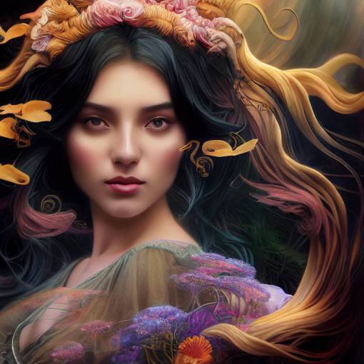 closeup portrait of a beautiful mysterious girl wearing flowing gown, holding a bouquet of flowers, flowing hair, underwater with corals and fish, bubbles, fantasy, regal, intricate, art nouveau, swirly intricate linework background by stanley artgerm lau, greg rutkowski, octane render hyperrealistic thomas kinkade, alphonse mucha, loish, + 4k + uhd + 3d + octane render + cinematic