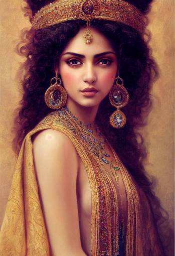 closeup portrait of beautiful persian queen with voluminous curly hair and deep soulful eyes, prominent arab nose, commanding aura, intricate jeweled coronet, iranian mosaics, pomegranates and limes, exotic birds, Karol Bak art style,