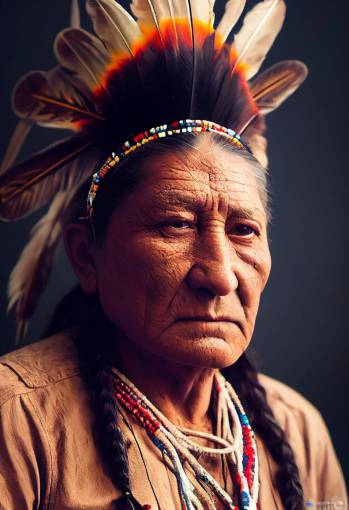 colored Sitting bull portrait, full head, eagle feather on beaded headband, 16k HDR, Ultra Realistic Octane Rendering, Wide Angle View, Brilliant, Atmospheric Lighting, Epic, Cinematic, Dramatic Lighting, Ultra Detail, Ultra Realistic, Realistic, Exquisite Features 16k HDR photo,