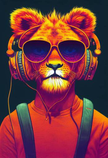 **colorful cute lion cub with sunglasses and headphones, intricate ink drawing, highly detailed in the style of dan Mumford