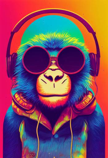 **colorful cute monkey with sunglasses and headphones, intricate ink drawing, highly detailed in the style of dan Mumford