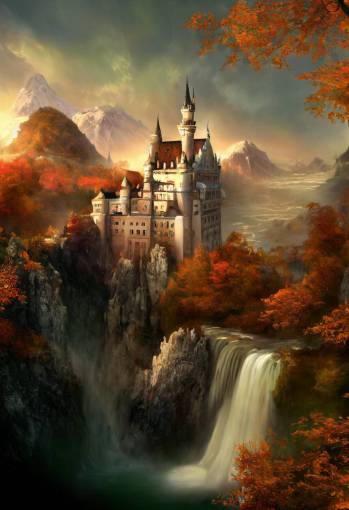 Concept Art, final fantasy, high quality, Niagara, angelfall, abyss, palace ??on the water, fall leaves, fall colors, godray, neuschwanstein castle, global illumination, reflection , metropolis on a mountain surrounded by cascading waterfalls and red forests, city of the gods, marble and gold triumphal architecture, domed palatial complexes, magnificent, 8k, high detail, volumetric lighting, massive scale