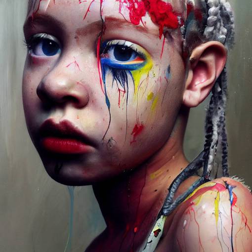 Contemporary artwork, painting by Jenny Saville, Neo+Expressionism, albino african black female child with freckles, silver braids, looking into camera, sad, even face, coarse hair, nostril leaking red glitter ink over mouth, messy paint over teary eyes, close up, paint cracks, splashed paint, spilled paint, spittle, splotchy, gritty, textured, dry paint texture, frontal, symmetrical composition, centered, frontal, extreme detail, by Lucien Freud, White background, Expressionism, Jenny+Saville+ugly, contemporary art, dry paint, portrait, painting, hi res, watercolor, acrylic paint, large scale, intricate detail, mixed medium, ultra quality, octane render