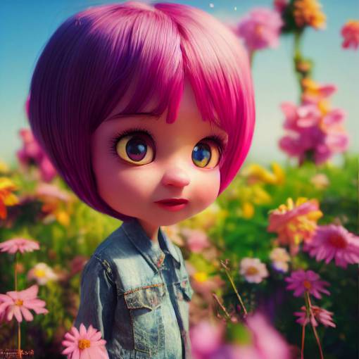Cool full body Pixar young girl character surrounded with flowers, cute, hyper realistic miniature appearance, light ray, ray trace 6k, octane render, 6k,--s 3000