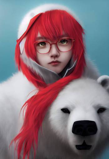 cosplay of polar bear in cute anime boy style, neon-red-hair, super-realistic, photorealistic, 4k, realistic, hyperrealistic, CGI, TXAA, De-Noise