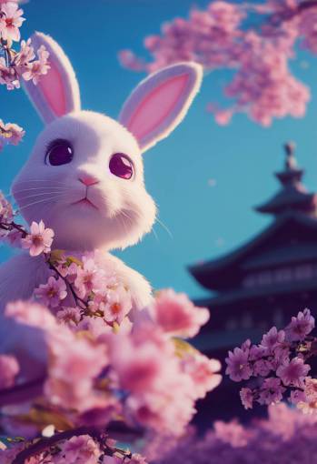 cute anthropomorphic bunny in a kimono under cherry blossoms in pixar style, octane render,