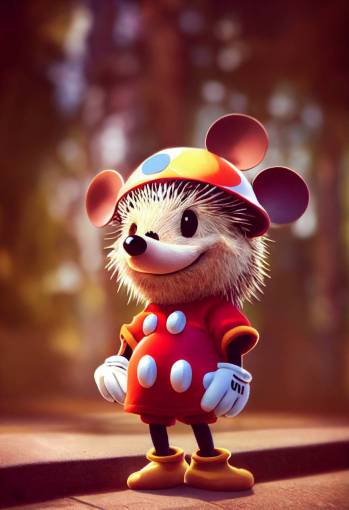 cute baby hedgehog dressed as Mickey Mouse, Pixar style, anthropomorphic , standing in Children's playground, 8k, trending on artstation, Gorgeous