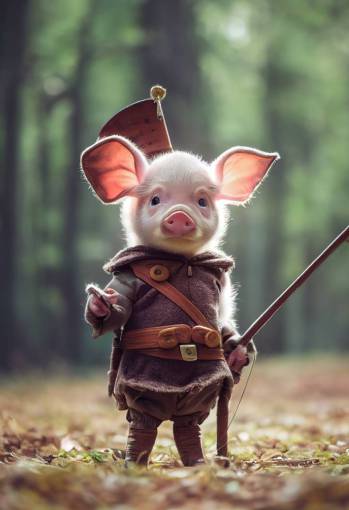 cute baby piglet dressed as Robin Hood , Pixar style, anthropomorphic , standing in a forest, 8k