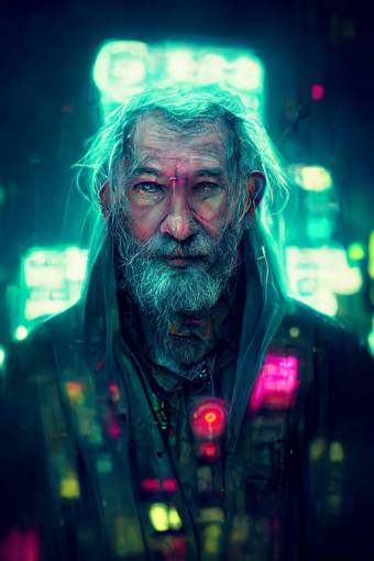 Cyberpunk Gandalf, solarpunk, cyberpunk, detailed, neon, detailed, cinematic lighting, godrays, full character profile, Blade Runner, Lotr