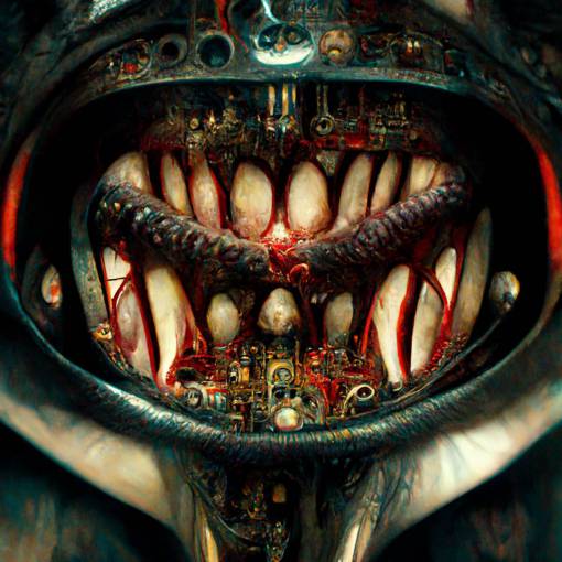 Cyborg Vampire Large Fangs Meat Monster wired to Engine Device, illustrated by Dali and Giger and Goya, rendered in StableDiffusion+Photoshop, Ultra-HD, Super Photorealistic details, Occult imaginative themes, Cinema 4D