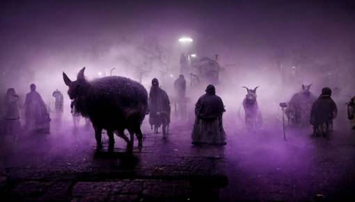 Dark grim greek city streets, goat people, pig people, purple, evil, close up shot, mist, 8k,