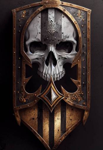 dark medieval Shield design, skull, white stripe, metal, wood and ivory material, painted by Pascal Blanch and Nicolas Bouvier Sparth