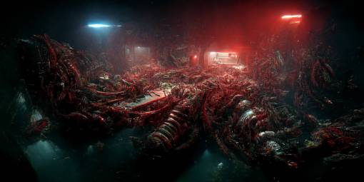 Dead space space ship interior, carnage, huge monster, red light, scary, hyperrealistic, ocean Render, 8k