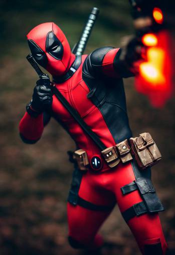 Deadpool Shooting a pistol with a BANG! Flag, Photorealism, Bokeh blur, High detail, Sony Alpha ?7, ISO1900