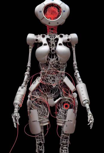 detailed female robot with tubes and wires and artificial parts and screws and slots by Katsuhiro Otomo and Tsutomu Nihei, extra detail, hyper maximalist, waist to head shot