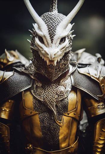 Dragon head on human body, muscular, white scales, yellow eyes, D&D, plate armor, cinematic, high contrast, portrait, photo-realistic, intricate detail, award-winning photo, 80 mm lens