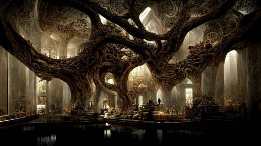Dwelling on the Giantic Tree, Spectacular Elaborate Wood Carved Architecture, Geometric and parameteric and Elevation pattern, Dark fantasy, Dark errie mood and ineffably mysterious, Technical design, Intricate Ultra Detail, Ornate Detail, Futuristic and Stylized and old , Architectural Concept poster, Low contrast Details, Cinematic Lighting, 8k, Fullshot, Epic Extra wide shot, Waterfall flow out between the cliff, Gothic and Nouveau and Elagant style, 8k, Octane render, Photorealistic, Hyperrealism