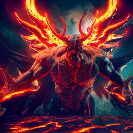 ECHO demon / warlord/ evil god / muscles / giant figure / wings / tail / skin color of cooling lava / magma breaks through the skin / scaled skin / sharp teeth / long fangs / horns in different directions / unreal engine / vibrant colors / postprocessing / realistic rendering / very detailed