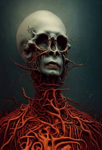echoes from the past tormenting us for our mistakes, by Zdzislaw Beksinski, intricate, there is a dreadful rickety creature with too many bones and too many fingers in despair, nuclear apocalypse, decay, bones, dripping red oil, screaming heads, surrealism, hyperrealism, octane render, blender, zbrush