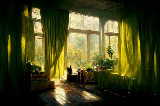 Echoes of a cat that no longer exists,nostalgic,lonely atmosphere,yellow green and white, Afternoon sunlight shining into the room, swaying curtains,highly detailed,8k
